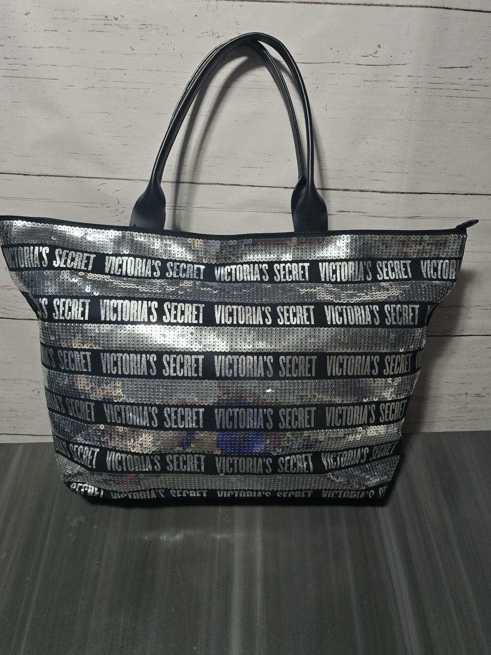 Lightly Used Victoria's Secret Silver Sequin Logo Tote w/ Bonus FREE Makeup Bag